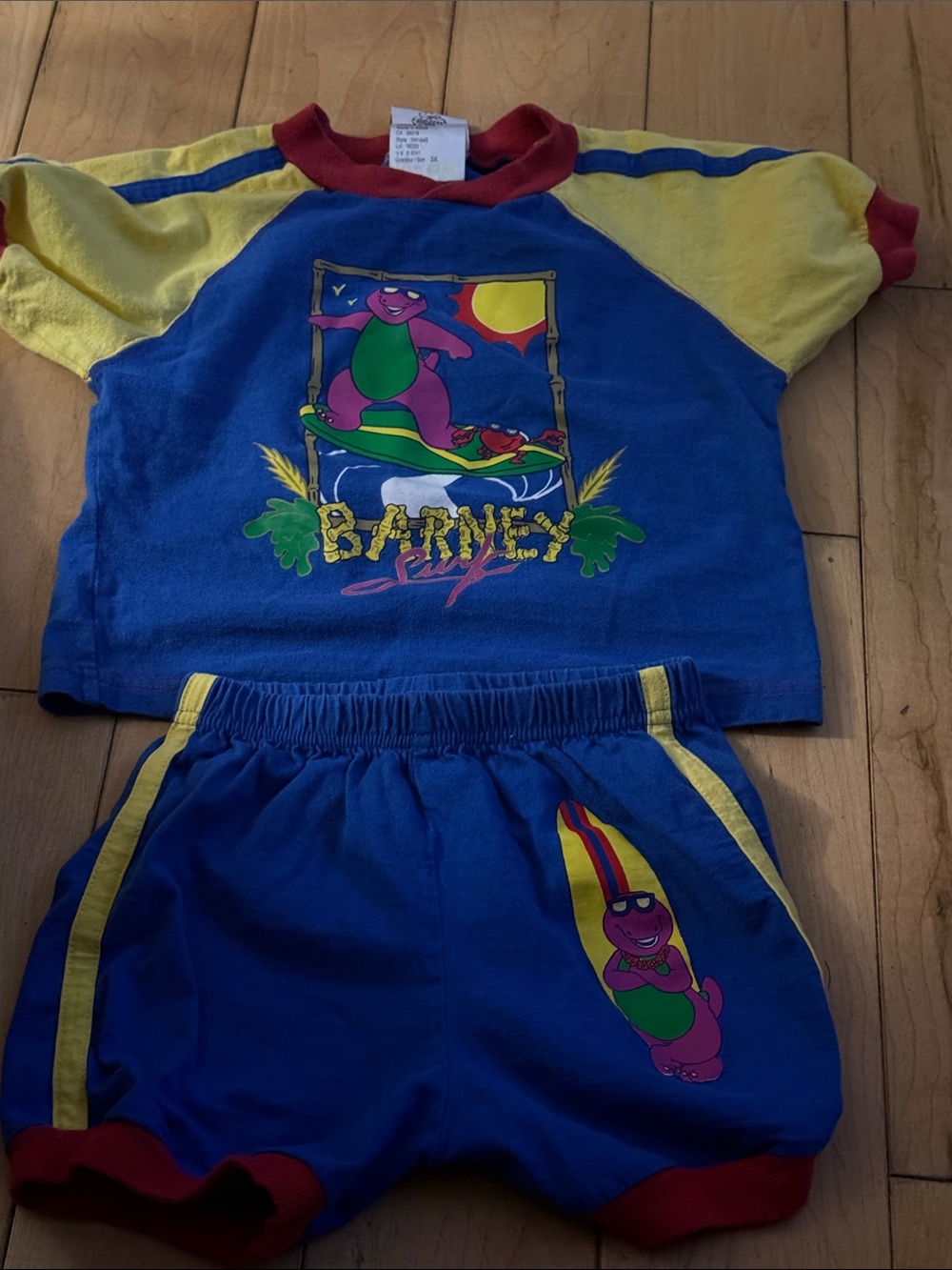 Barneys New York Blue, Yellow & Red Kids Pajama Set with Surfing Dino Graphic